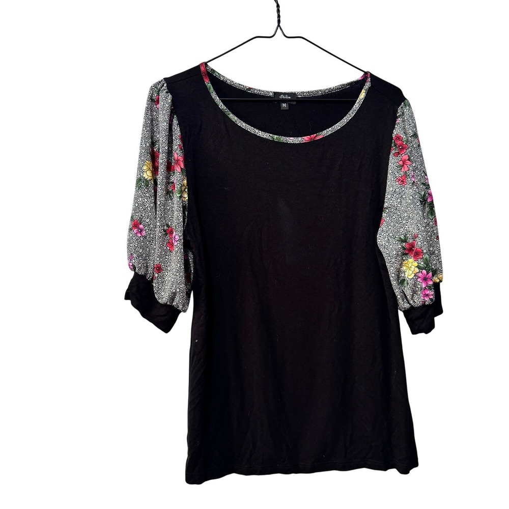 Storm‎ Black Floral Sleeve Top Womens Size Medium 3/4 Sleeve Round Neck